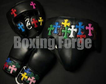 Custom Boxing set with Colorful Cross Design – Handmade Leather Gloves – Unique Christian Boxing Gear Made in Cow Hide Leather.