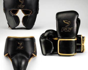 Black Gold Boxing Gear Set: Gloves, Headgear, Groin Guard for Training