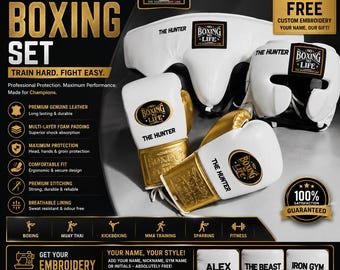 Custom Boxing Gloves Set | Boxing Headgear & Groin Guard | Free Shipping | Free Embroidery Name | Premium Leather Fight Gear