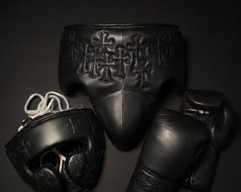 Black cow hide Leather Boxing Headgear & Gloves Set – MMA Sparring Gear, Handcrafted Boxing Forge Training Kit with free shipping and name