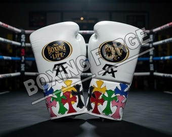 Luxury White Custom Boxing Gloves – Multicolor Cross Design – Premium Leather Fight Gloves – Unique Training & Sparring Gear