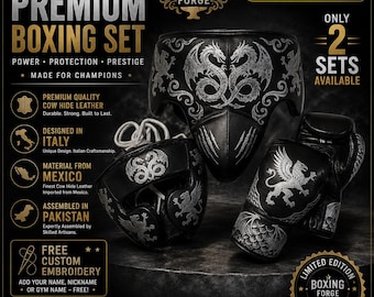 Dragon  Griffin Engraved Boxing Set – Black cow hide Leather Groin Guard, Headgear &  Gloves, Mythical Fight Gear free shipping