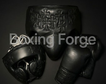 Luxury Black Boxing Set – Gloves & Headgear with Vibrant Cross Artwork – Custom Fight Gear in cow hide leather.