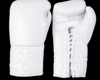 Real Leather Lace Up Boxing Gloves | 6 Colors Embossed Star Cuff | 16oz Professional Sparring Heavy Bag MMA Muay Thai Training Gift