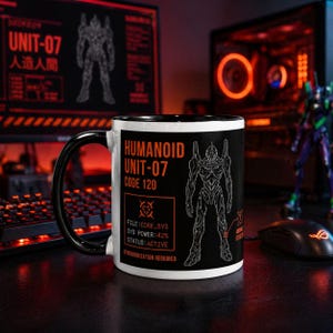 Cyberpunk Mecha System Mug | Sci-Fi Android Unit 07 Design | Futuristic Biomech Stats Cup | Tech Aesthetic Gift for Anime & Gamer Fans