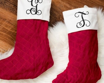 Red Velvet Quilted Stocking with monogram, Personalized Christmas Stocking, Red Velvet Stocking, Personalized Christmas Stocking