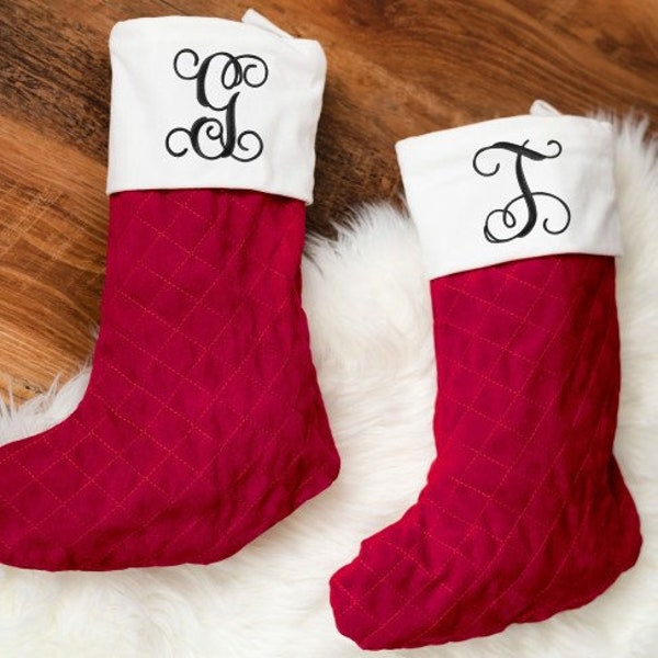 Red Velvet Quilted Stocking with monogram, Personalized Christmas Stocking, Red Velvet Stocking, Personalized Christmas Stocking