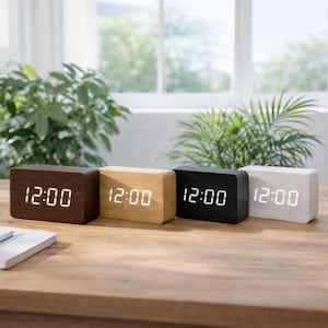 Réveil LED minimaliste en bois - Horloge de bureau numérique à commande vocale, horloge de table de chevet en bois moderne, horloge de table USB ou à pile