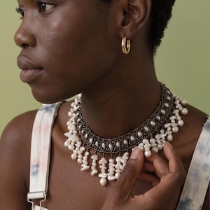 Mother of Pearl Statement Necklace, White Shell Beaded Collar, Boho Fringe Choker, Handmade Beach Jewelry, Natural Shell Chunky Bib