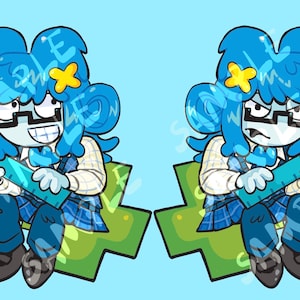 Puede incluir: Ilustración de dibujos animados de un personaje de pelo azul con gafas, sosteniendo una regla. El personaje lleva una camisa a cuadros, una falda azul y está sentado en un signo más verde. La imagen tiene la palabra "SAMPLE" superpuesta.