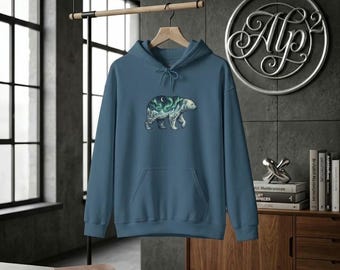 Polar Bear Northern Lights Hoodie, Aurora Borealis Mountain Landscape Hooded Sweatshirt