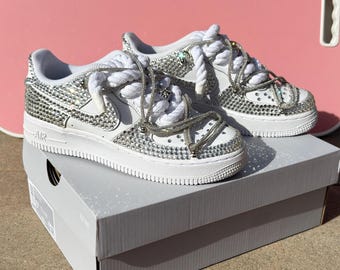 Custom Silver Rhinestone Nike Air Force 1 Sneakers – Handmade Crystal Bling Shoes