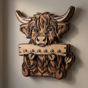May include: A multi-layered wooden wall-mounted key holder shaped like a Highland cow. The design features dark and light wood tones with intricate cutouts. A horizontal wooden plank across the centre holds six metal hooks for hanging keys.