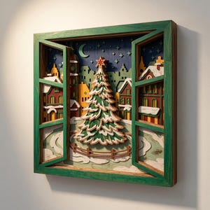 May include: A multi-layered wooden wall art piece depicting a winter town scene viewed through an open green window frame. The scene features a central Christmas tree with a red star, snow-covered houses, a crescent moon, and stars in a dark blue sky.