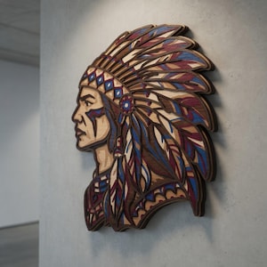 May include: A layered wooden wall art piece depicting a profile view of a person wearing a feathered headdress. The design features intricate cutouts in shades of natural wood, deep red, and blue, creating a three-dimensional relief effect.