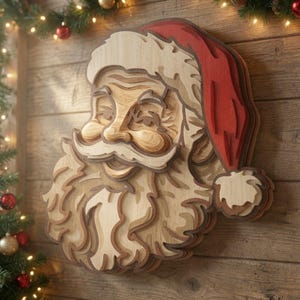 Può includere: Un'opera d'arte da parete in legno multistrato che raffigura il volto di Babbo Natale. Il design presenta tonalità di legno chiaro naturale per il viso e la barba, con una finitura rosso intenso sul cappello e un dettaglio a pompon in legno.