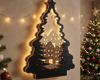 Gelaagde kerstboomlichtbak met dorpsgezicht - digitaal bestand