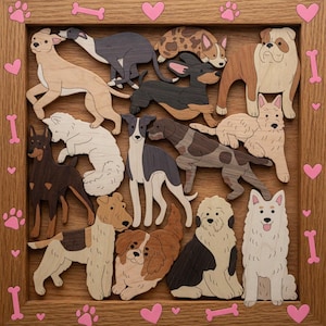 May include: Wooden dog puzzle featuring various dog breeds in shades of brown, black, and white. The puzzle pieces are arranged within a wooden frame, with pink paw prints, hearts, and bone shapes around the edges. A fun and educational toy.