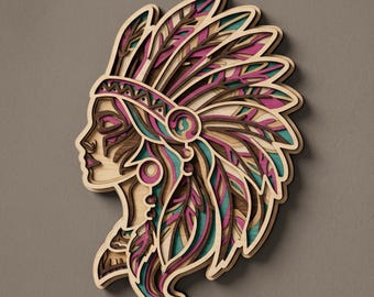 Layered Line Design - Native American Woman - Framed Wall Art - Digital File - My Custom Designs