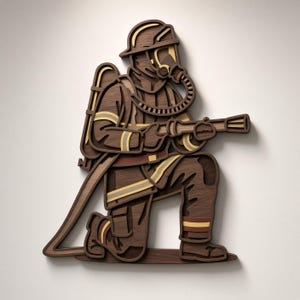 Puede incluir: Una pieza de arte mural de madera en capas que representa a un bombero arrodillado con equipo completo, incluyendo casco, máscara de oxígeno y manguera. El diseño presenta vetas de madera marrón oscuro con detalles en color beige claro.