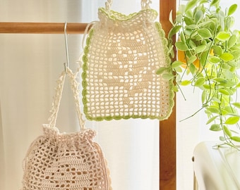 Patrón de ganchillo filet para bolsita de encaje primaveral, bolsita floral a cuadros en PDF, incluye patrón en inglés y coreano, descarga digital.