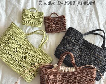May include: An assortment of handmade eyelet tote bags and mini eyelet pockets in various colors, including green, brown, and black. The bags have a woven design with handles and the text "Eyelet Tote Bag & mini eyelet pocket".