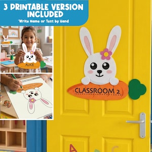 May include: A yellow door featuring a white bunny decoration with a carrot-shaped sign that reads "CLASSROOM 2" and a green leaf. The image also includes a printable version of the bunny and carrot sign.