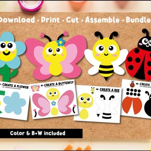 Puede incluir: Un paquete de manualidades con recortes de papel coloridos de una flor, una mariposa, una abeja y una mariquita. El conjunto incluye instrucciones de montaje, con el texto "Download Print Cut Assemble Bundle" y "Color & B+W included".