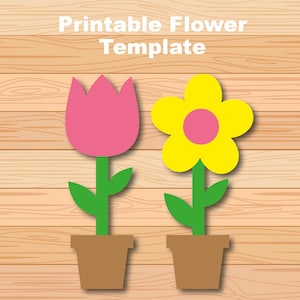 Puede incluir: Ilustración digital de dos flores en macetas sobre un fondo de vetas de madera. Una flor es un tulipán rosa y la otra una margarita amarilla con centro rosa. El texto "Printable Flower Template" está en la parte superior.