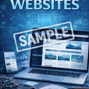 Puede incluir: Imagen de un port&aacute;til y un smartphone que muestran un dise&ntilde;o de sitio web, con el texto "HOW TO MAKE WEBSITES" en la parte superior. Un libro, un bol&iacute;grafo y otros objetos est&aacute;n sobre el escritorio. La palabra "SAMPLE" est&aacute; estampada en la pantalla del port&aacute;til.