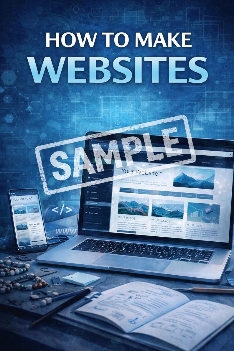 Puede incluir: Imagen de un port&aacute;til y un smartphone que muestran un dise&ntilde;o de sitio web, con el texto "HOW TO MAKE WEBSITES" en la parte superior. Un libro, un bol&iacute;grafo y otros objetos est&aacute;n sobre el escritorio. La palabra "SAMPLE" est&aacute; estampada en la pantalla del port&aacute;til.