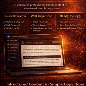 Puede incluir: Una computadora port&aacute;til muestra el texto "Get Ebook Content That's Easy to Copy" con vi&ntilde;etas para funciones como "Outline & Chapters" y "Easy Copy & Paste". La pantalla muestra contenido de libros electr&oacute;nicos.