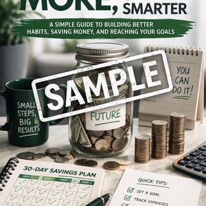 Puede incluir: Imagen que promueve la educaci&oacute;n financiera. Un tarro de cristal etiquetado como "SAMPLE" est&aacute; lleno de monedas y billetes, etiquetado como "FUTURE". Otros elementos incluyen una taza, un bloc de notas con "YOU CAN DO IT!", un plan de ahorro de 30 d&iacute;as y una lista de consejos r&aacute;pidos.