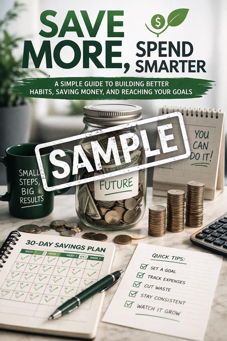 Puede incluir: Imagen que promueve la educaci&oacute;n financiera. Un tarro de cristal etiquetado como "SAMPLE" est&aacute; lleno de monedas y billetes, etiquetado como "FUTURE". Otros elementos incluyen una taza, un bloc de notas con "YOU CAN DO IT!", un plan de ahorro de 30 d&iacute;as y una lista de consejos r&aacute;pidos.