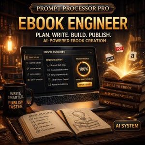 May include: A digital illustration advertising "Prompt Processor Pro Ebook Engineer." The image shows a laptop with an ebook creation interface, open books, and stacks of books with titles such as "Idea to Ebook." The text includes "Plan. Write. Build. Publish." and "AI-Powered Ebook Creation."