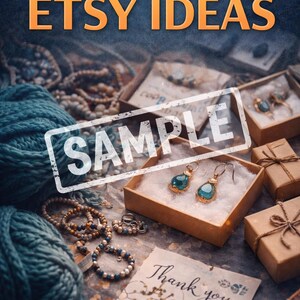 Puede incluir: Imagen con joyas y cajas de regalo. El texto "100 Profitable Etsy Ideas" est&aacute; en la parte superior. Pendientes con piedras de color verde azulado est&aacute;n en una caja. Pulseras y collares est&aacute;n dispersos.