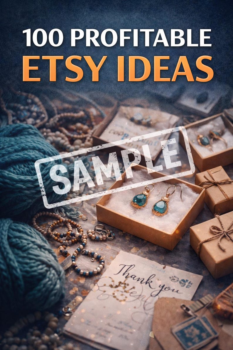 Puede incluir: Imagen con joyas y cajas de regalo. El texto "100 Profitable Etsy Ideas" est&aacute; en la parte superior. Pendientes con piedras de color verde azulado est&aacute;n en una caja. Pulseras y collares est&aacute;n dispersos.