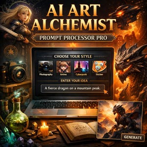 Puede incluir: Ilustración digital que promociona "AI ART ALCHEMIST PROMPT PROCESSOR PRO." La imagen presenta una computadora portátil que muestra opciones de estilo: Fotografía, Anime, Cyberpunk y Pegatina. El mensaje es "Un dragón feroz en la cima de una montaña." Otros elementos: cámara, frascos de pociones y un dragón.