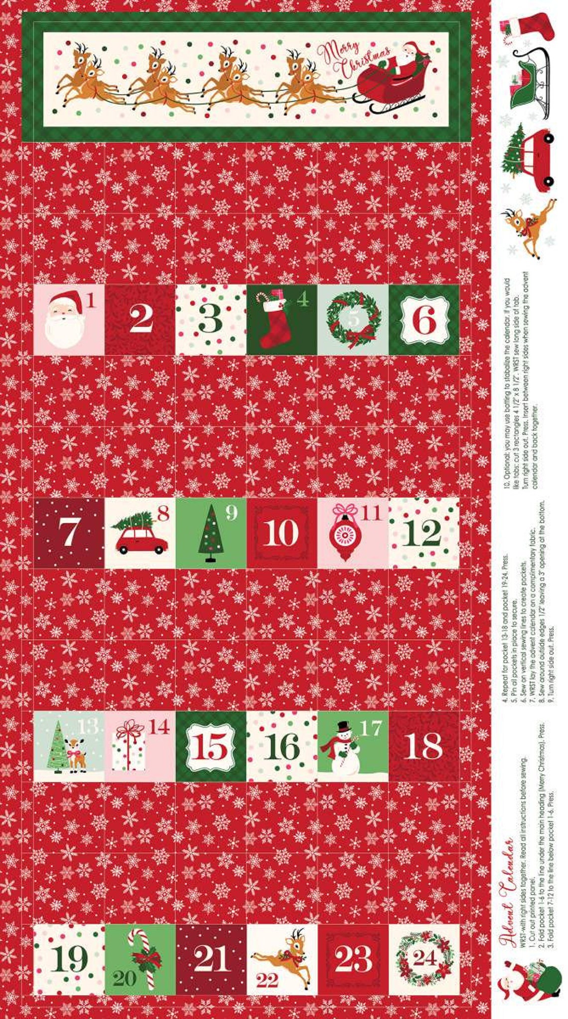 Merry and Bright Advent Calendar fabric Christmas Panel in Red Etsy