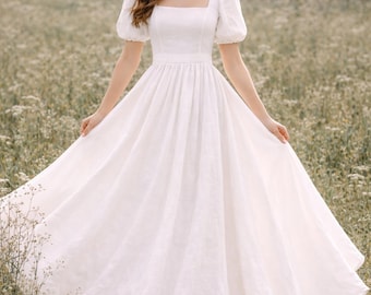 Romantic Linen Wedding Dress with Pockets, Square Neck Bridal Gown, Minimalist A-Line Wedding Dress, Elegant Custom Bridal Dress