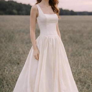 May include: A sleeveless ivory wedding dress with a square neckline and a flowing skirt. The dress is worn by a person with long auburn hair, standing in a field. The background features a soft, overcast sky and a distant treeline.