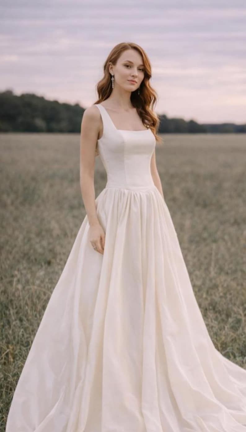 May include: A sleeveless ivory wedding dress with a square neckline and a flowing skirt. The dress is worn by a person with long auburn hair, standing in a field. The background features a soft, overcast sky and a distant treeline.