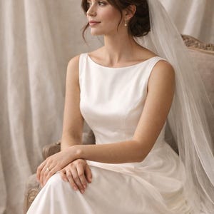 Satin Wedding Dress with Pockets, Boat Neck Bridal Gown, Minimalist A-Line Wedding Dress, Elegant Custom Bridal Dress image 4