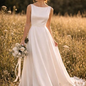 Satin Wedding Dress with Pockets, Boat Neck Bridal Gown, Minimalist A-Line Wedding Dress, Elegant Custom Bridal Dress image 1