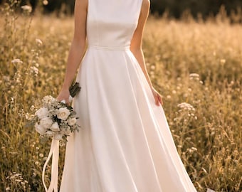Satin Wedding Dress with Pockets, Boat Neck Bridal Gown, Minimalist A-Line Wedding Dress, Elegant Custom Bridal Dress