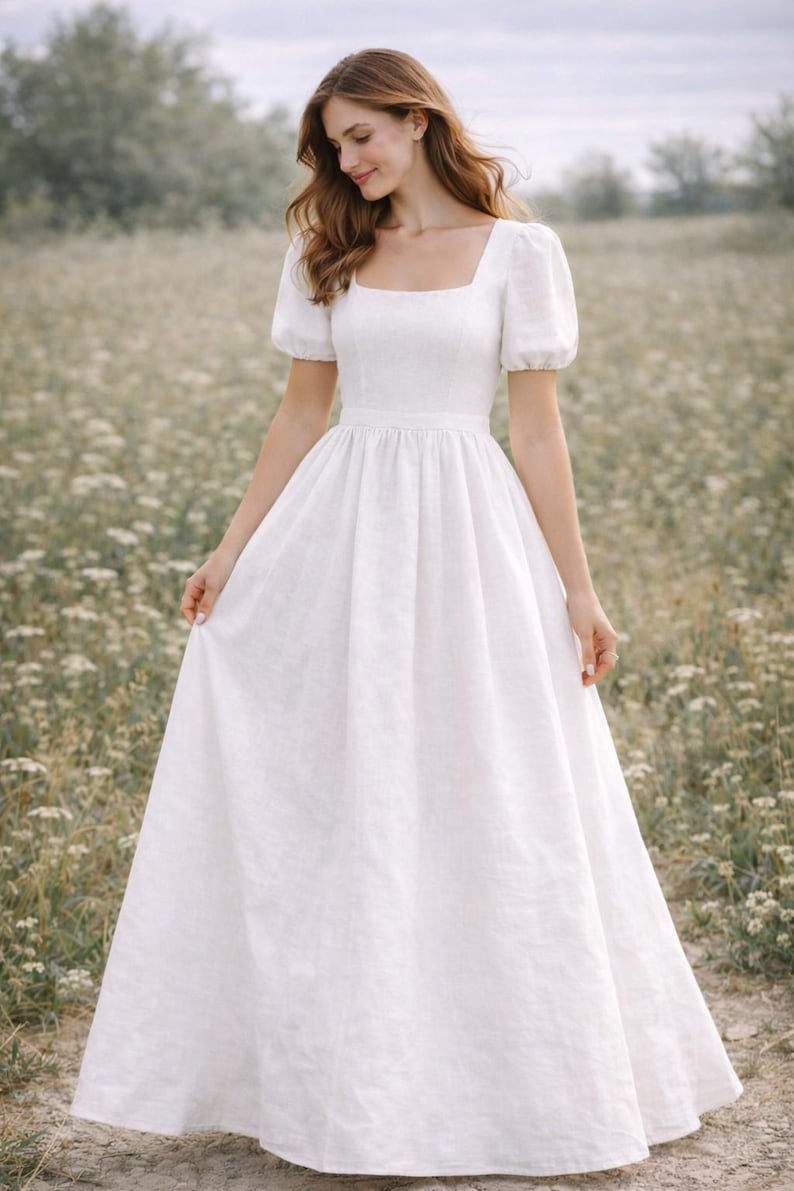 May include: A white linen dress with a square neckline and short, puffed sleeves. The dress has a fitted bodice and a flowing skirt. The woman is standing in a field of wildflowers.