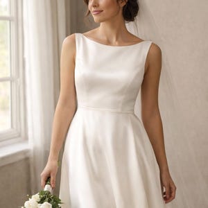Satin Wedding Dress with Pockets, Boat Neck Bridal Gown, Minimalist A-Line Wedding Dress, Elegant Custom Bridal Dress image 2