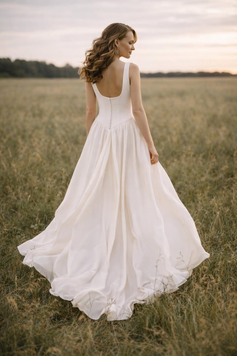 May include: A white wedding dress with a square neckline and a flowing skirt. The dress has a fitted bodice with small buttons down the back. The model is standing in a field of tall grass.