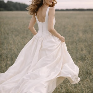 SOPHIA Minimalist Satin Wedding Dress, Square Neck Bridal Gown, Soft A-Line Ivory Dress, Low Back Button Wedding Dress, Simple Elegant Gown image 1