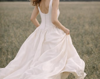 SOPHIA Minimalist Satin Wedding Dress, Square Neck Bridal Gown, Soft A-Line Ivory Dress, Low Back Button Wedding Dress, Simple Elegant Gown